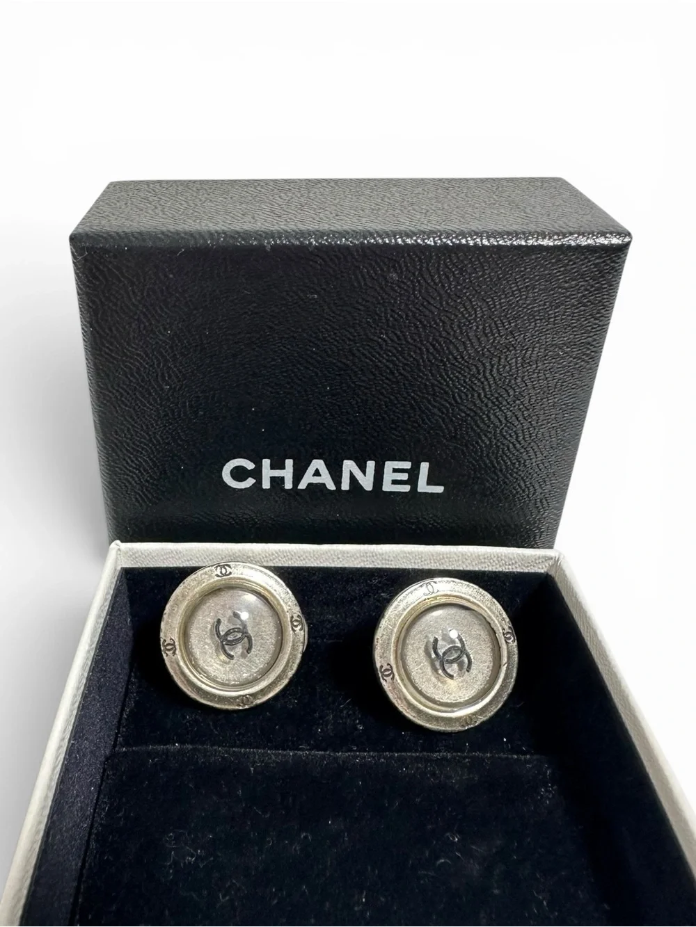 Chanel Silver Button & Black CC 99P Clip On Earrings with Box